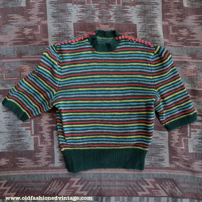 Vintage 1940s Hand Knitted Jumper Striped Short Sleeve Button Neck UK S/M