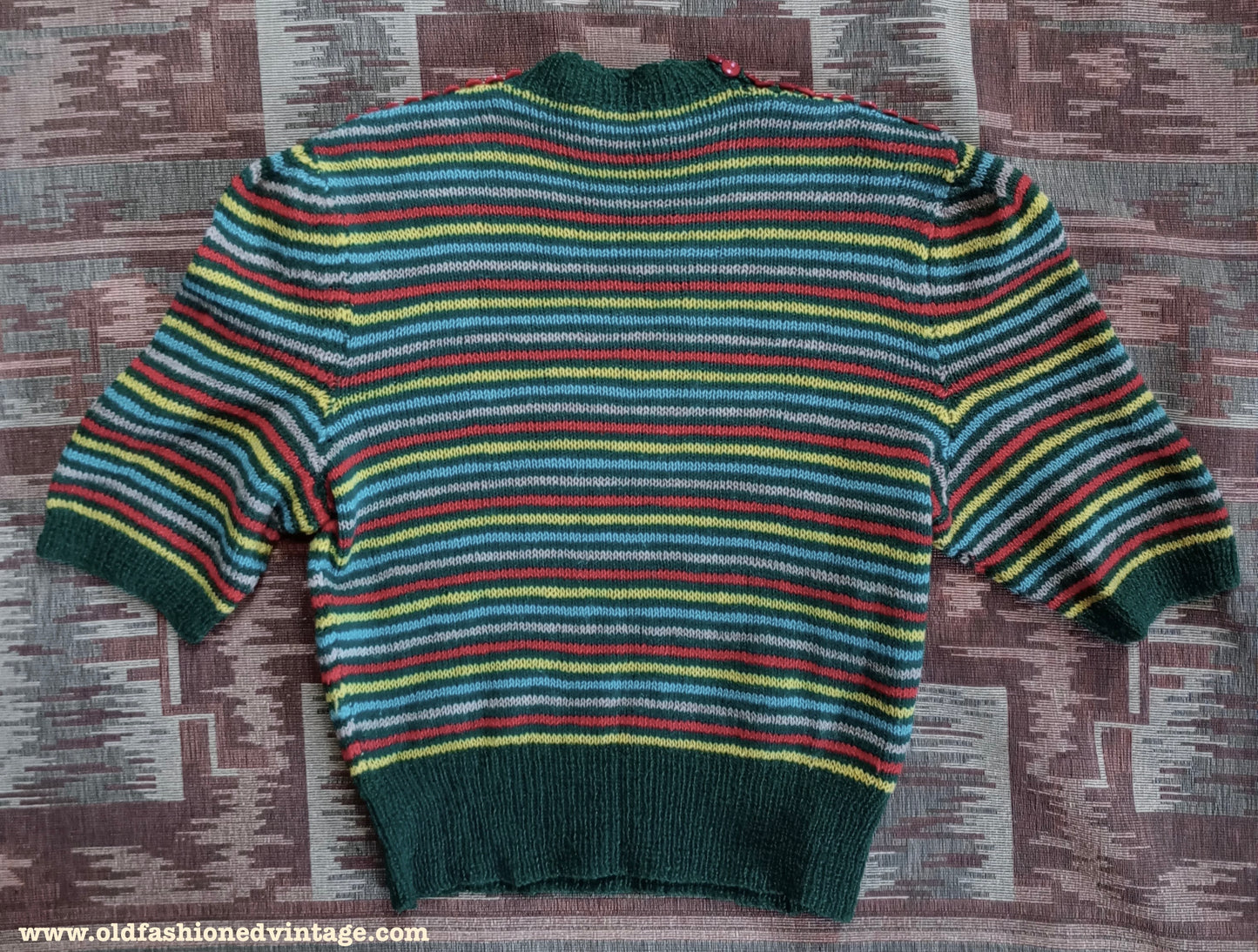 Vintage 1940s Hand Knitted Jumper Striped Short Sleeve Button Neck UK S/M