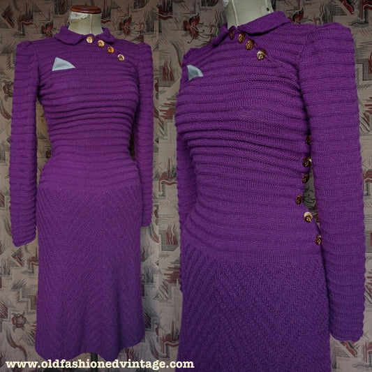 Reproduction 1940s Purple Merino Wool Knitted Dress UK S/M