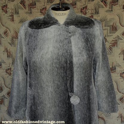 Original Vintage 1940s Coat Striped Fake Faux Fur Grey Teddy UK L