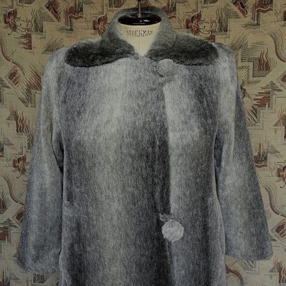 Original Vintage 1940s Coat Striped Fake Faux Fur Grey Teddy UK L