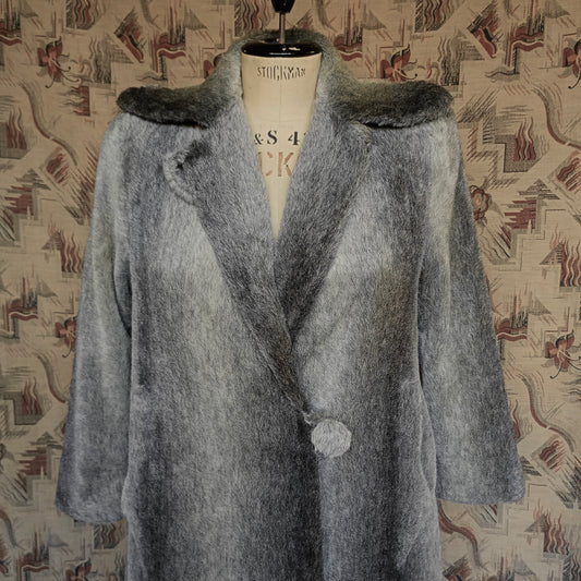 Original Vintage 1940s Coat Striped Fake Faux Fur Grey Teddy UK L