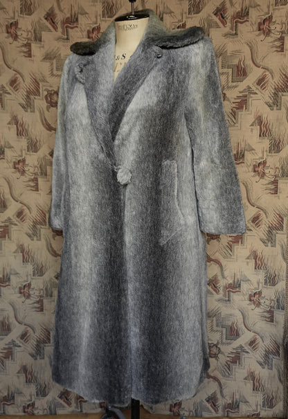 Original Vintage 1940s Coat Striped Fake Faux Fur Grey Teddy UK L