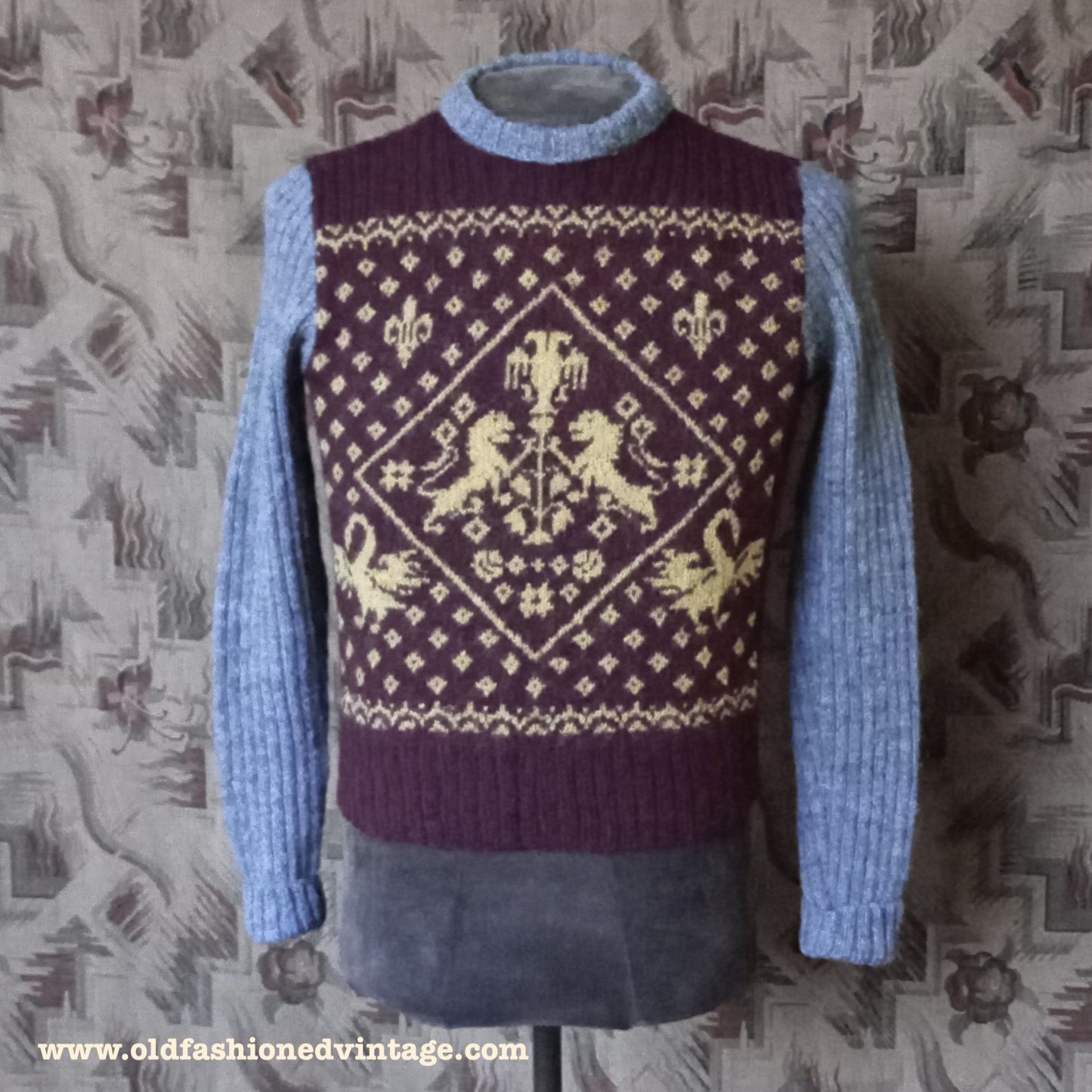 Reproduction Mens 1940s Fairisle Jumper Heraldic Design Picture Knit Sweater Burgundy Grey Yellow S