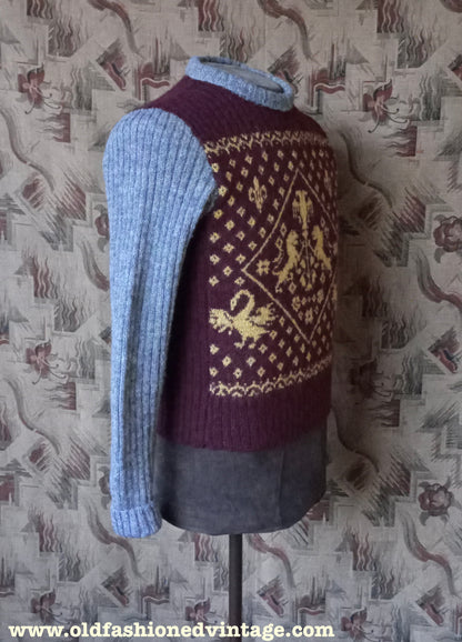 Reproduction Mens 1940s Fairisle Jumper Heraldic Design Picture Knit Sweater Burgundy Grey Yellow S