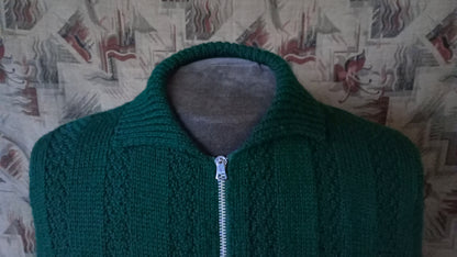 Vintage 1950s Hand Knitted Lumberjacket Zip Up Cardigan Sweater Bottle Green M