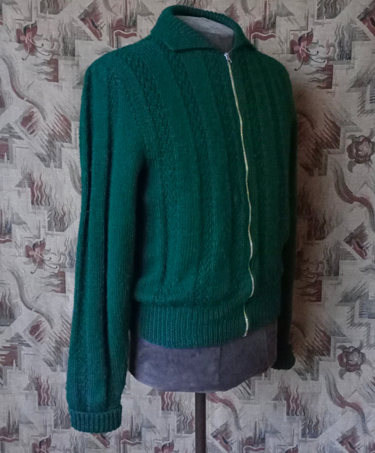 Vintage 1950s Hand Knitted Lumberjacket Zip Up Cardigan Sweater Bottle Green M