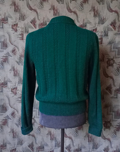 Vintage 1950s Hand Knitted Lumberjacket Zip Up Cardigan Sweater Bottle Green M