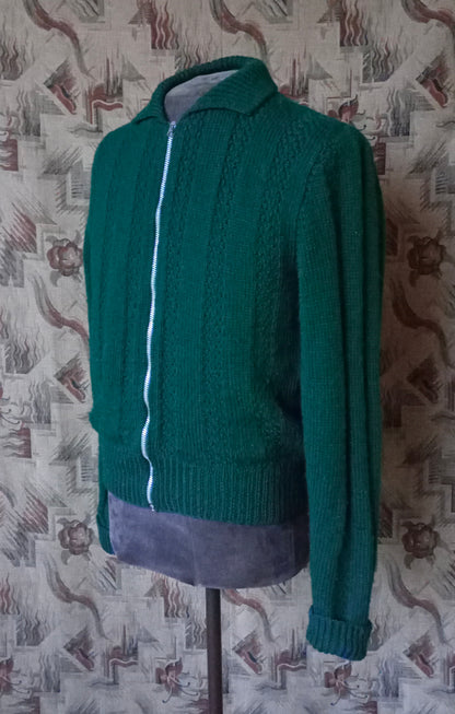 Vintage 1950s Hand Knitted Lumberjacket Zip Up Cardigan Sweater Bottle Green M