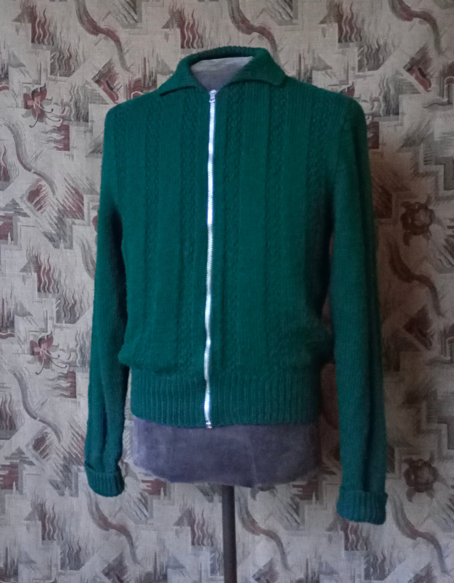 Vintage 1950s Hand Knitted Lumberjacket Zip Up Cardigan Sweater Bottle Green M