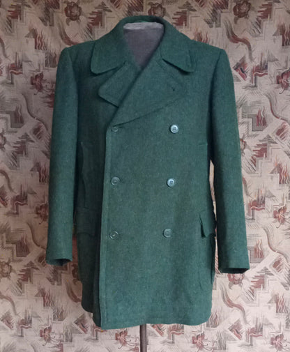 Vintage 1940s German Short Double Breasted Coat Jacket Forest Green DB Back Belt UK 44" XL