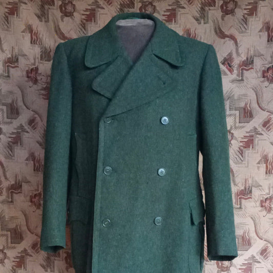 Vintage 1940s German Short Double Breasted Coat Jacket Forest Green DB Back Belt UK 44" XL