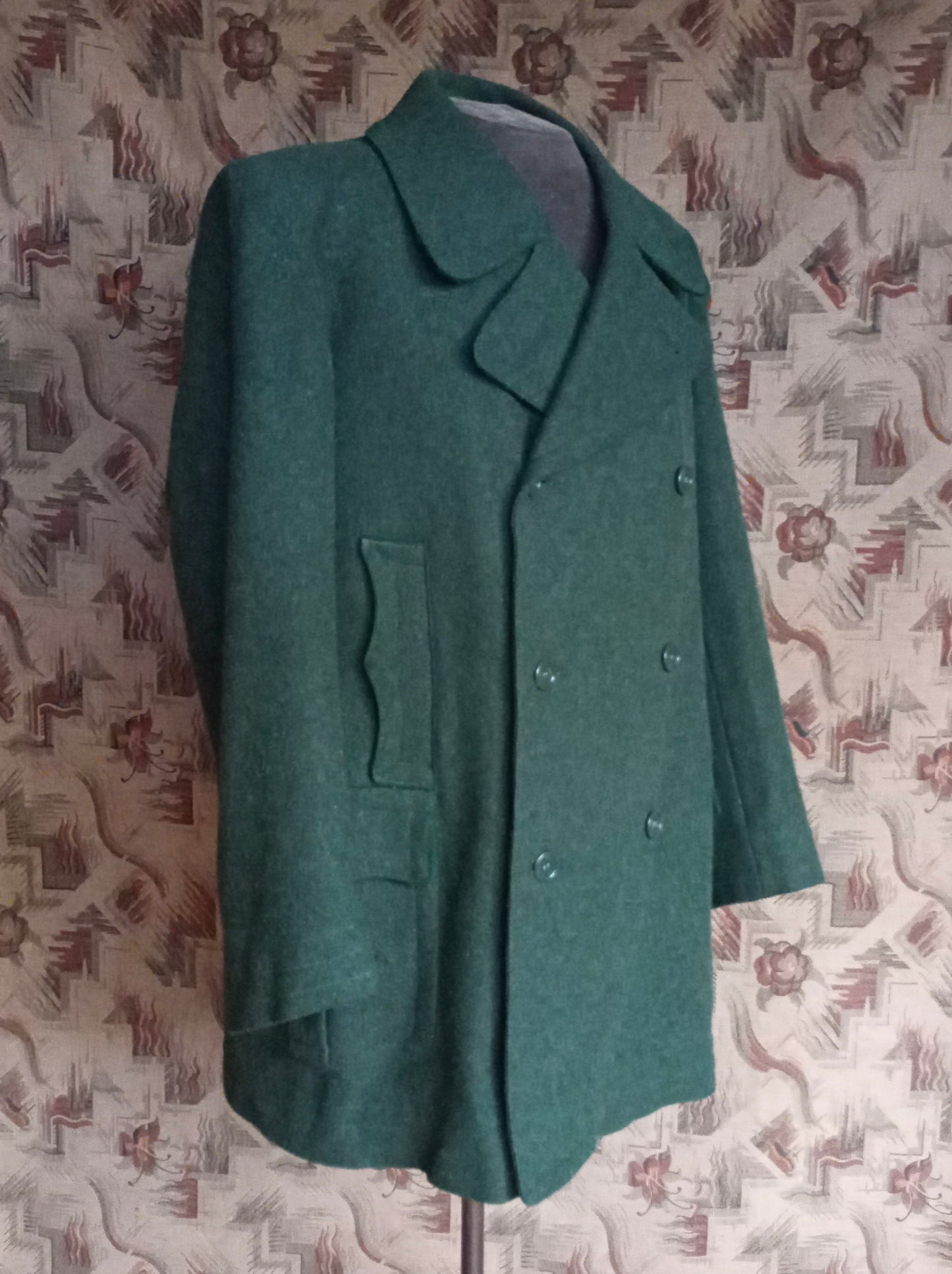 Vintage 1940s German Short Double Breasted Coat Jacket Forest Green DB Back Belt UK 44" XL