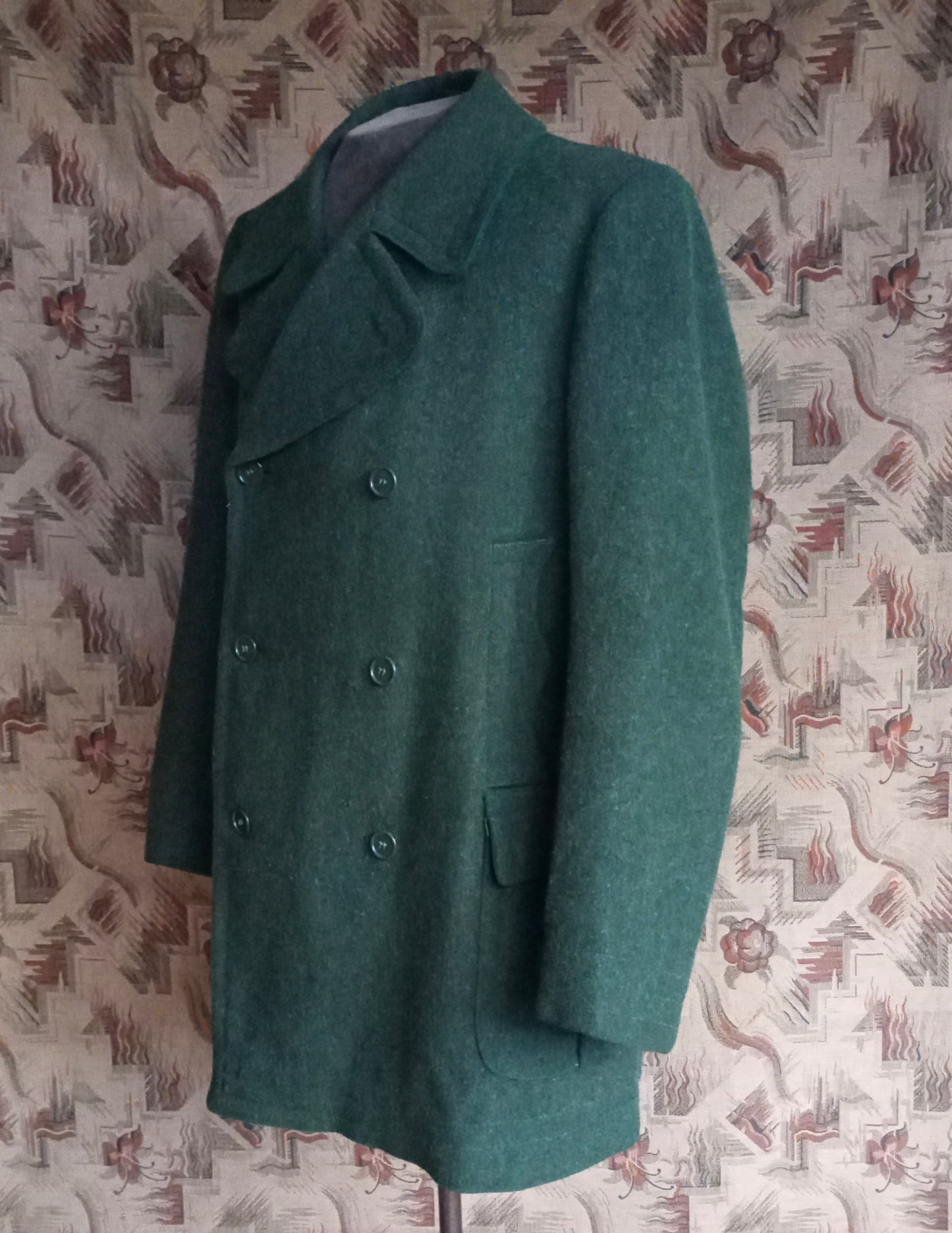 Vintage 1940s German Short Double Breasted Coat Jacket Forest Green DB Back Belt UK 44" XL