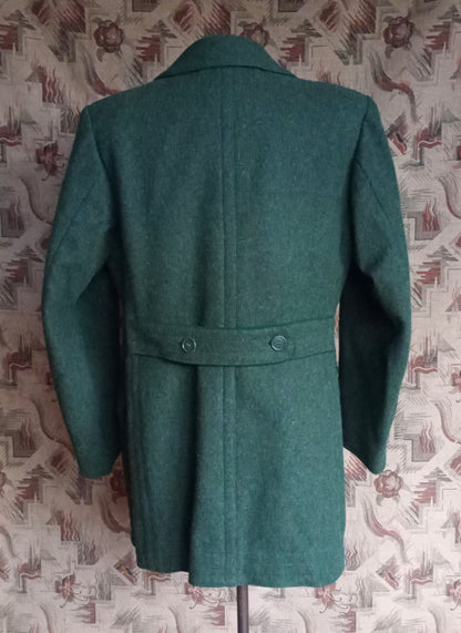 Vintage 1940s German Short Double Breasted Coat Jacket Forest Green DB Back Belt UK 44" XL