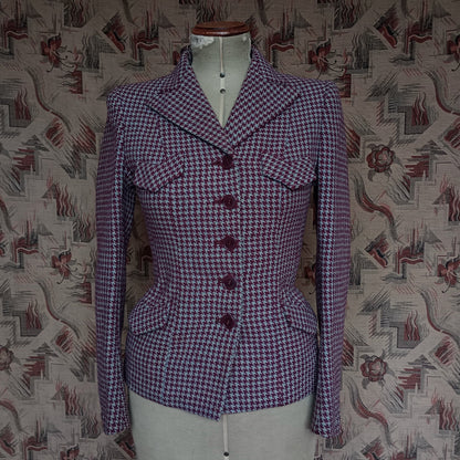 Superb Vintage 1940s Tweed Jacket Berry Red Blue Dogtooth Shepherd Check UK S