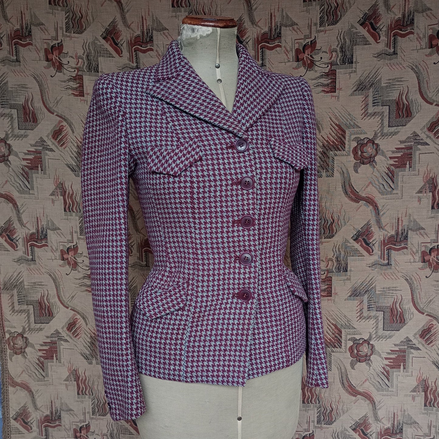 Superb Vintage 1940s Tweed Jacket Berry Red Blue Dogtooth Shepherd Check UK S