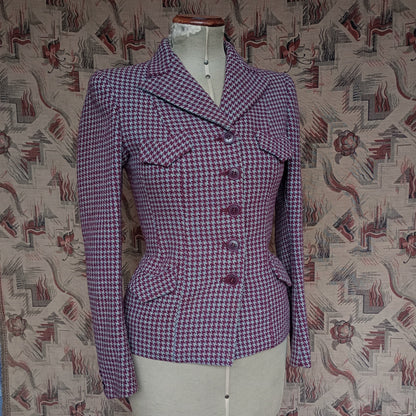 Superb Vintage 1940s Tweed Jacket Berry Red Blue Dogtooth Shepherd Check UK S