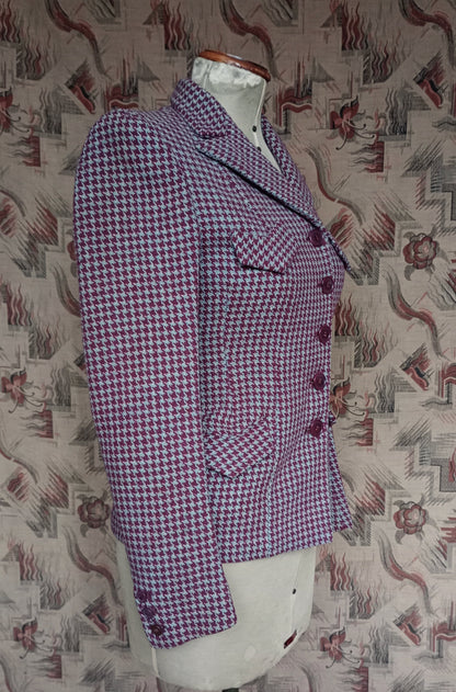 Superb Vintage 1940s Tweed Jacket Berry Red Blue Dogtooth Shepherd Check UK S