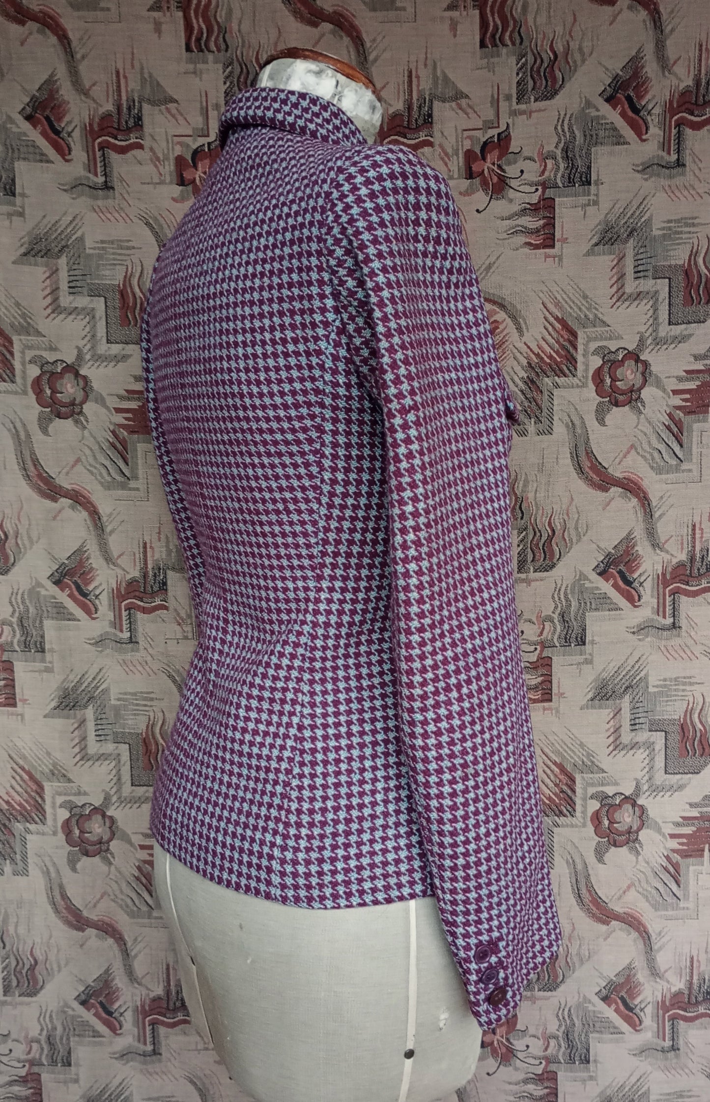 Superb Vintage 1940s Tweed Jacket Berry Red Blue Dogtooth Shepherd Check UK S