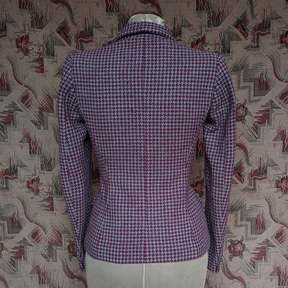 Superb Vintage 1940s Tweed Jacket Berry Red Blue Dogtooth Shepherd Check UK S