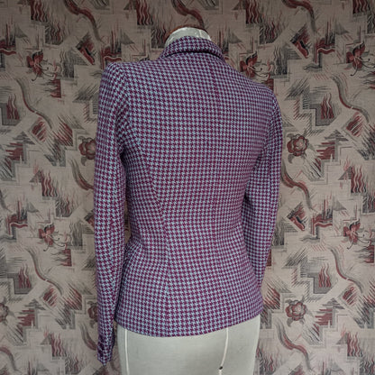 Superb Vintage 1940s Tweed Jacket Berry Red Blue Dogtooth Shepherd Check UK S