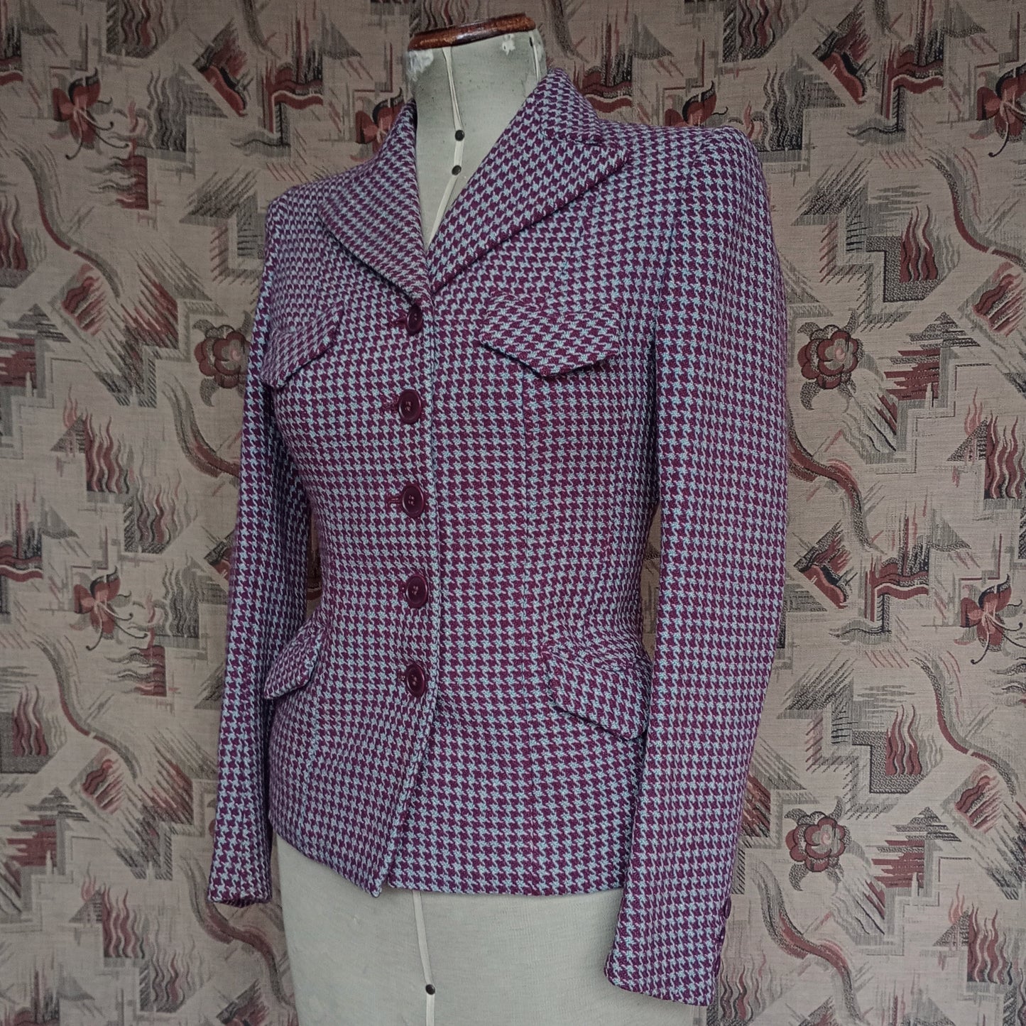 Superb Vintage 1940s Tweed Jacket Berry Red Blue Dogtooth Shepherd Check UK S