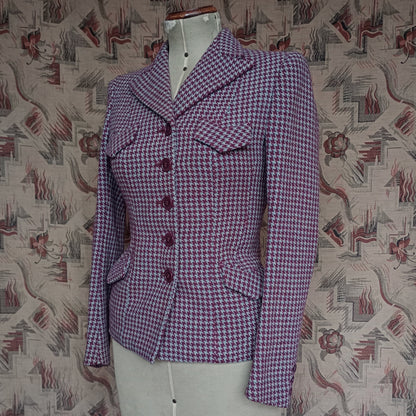 Superb Vintage 1940s Tweed Jacket Berry Red Blue Dogtooth Shepherd Check UK S