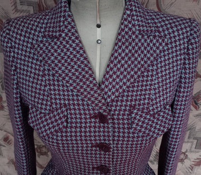 Superb Vintage 1940s Tweed Jacket Berry Red Blue Dogtooth Shepherd Check UK S