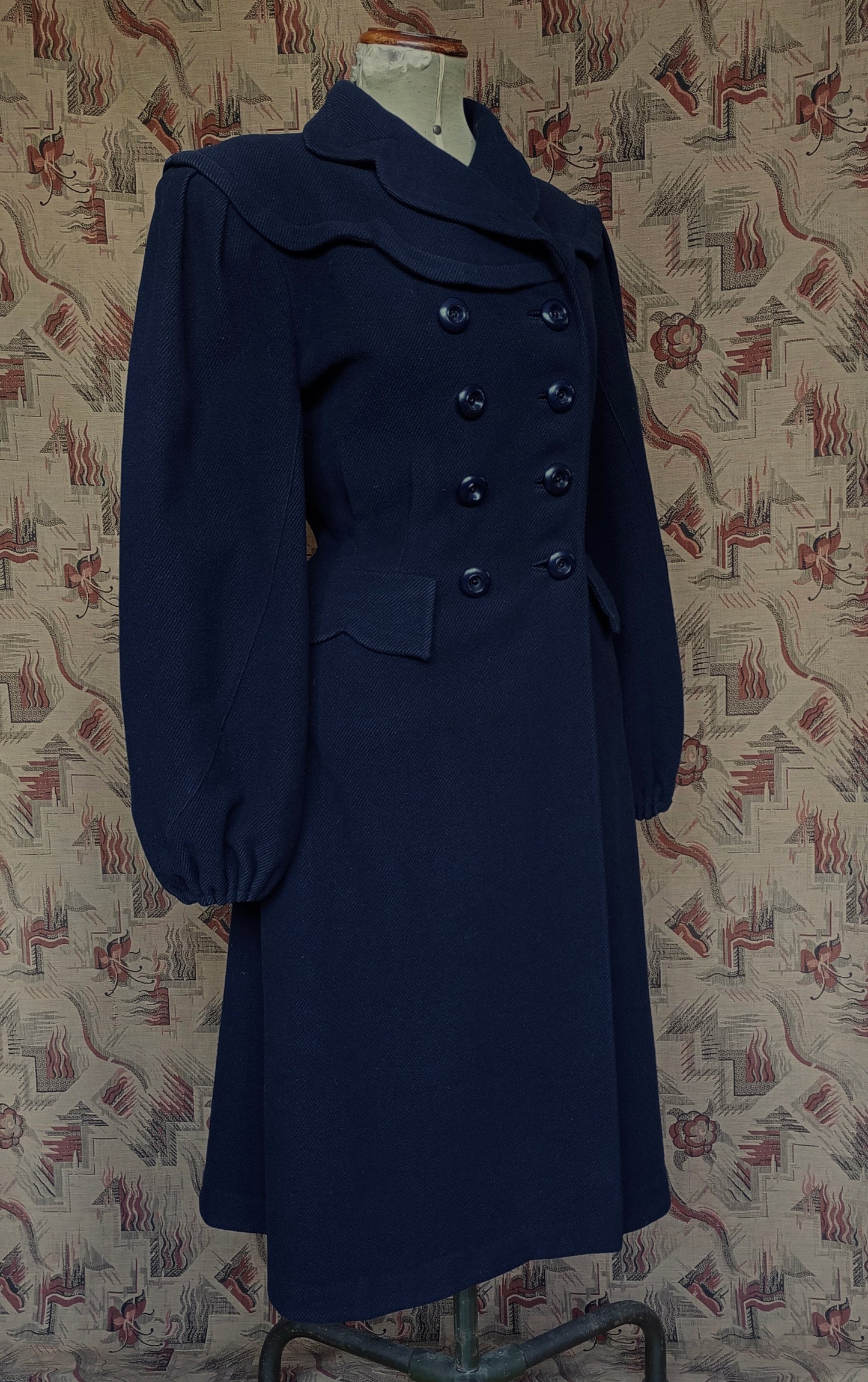 RARE 1940s II0II Dark Blue Wool Coat Balloon Sleeve UK S/M