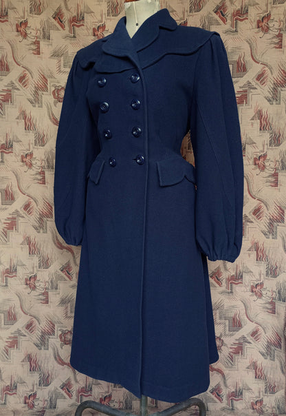 RARE 1940s II0II Dark Blue Wool Coat Balloon Sleeve UK S/M