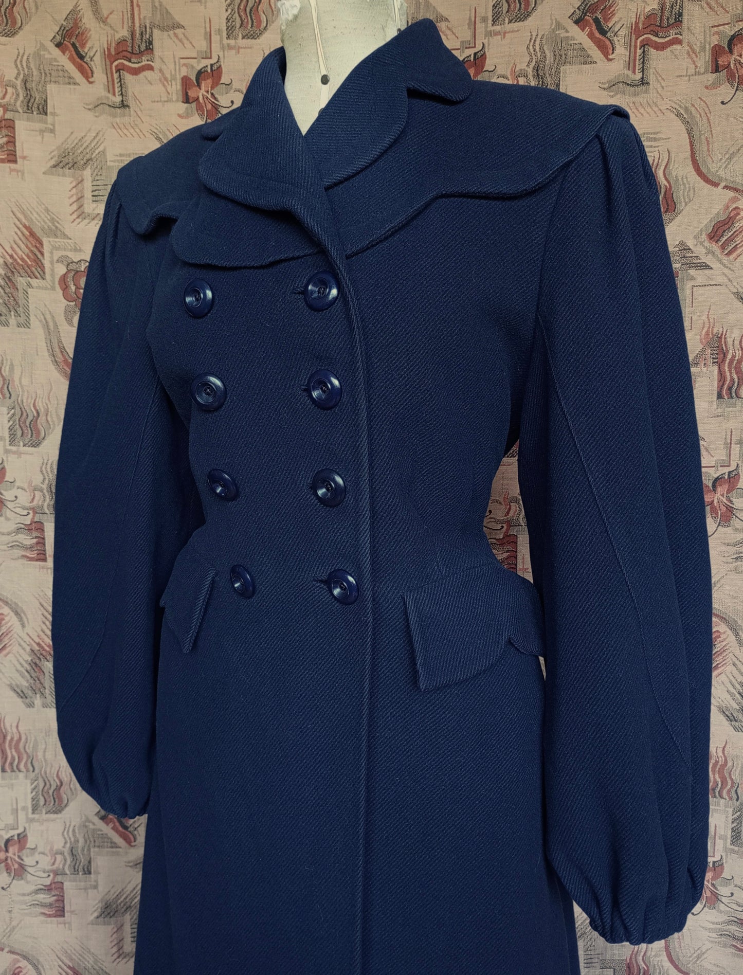 RARE 1940s II0II Dark Blue Wool Coat Balloon Sleeve UK S/M