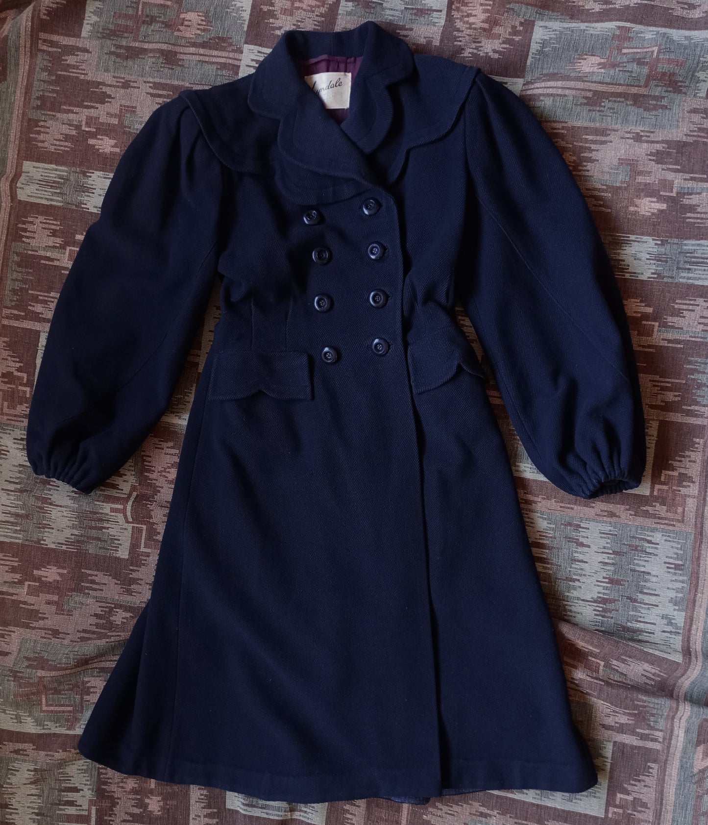 RARE 1940s II0II Dark Blue Wool Coat Balloon Sleeve UK S/M