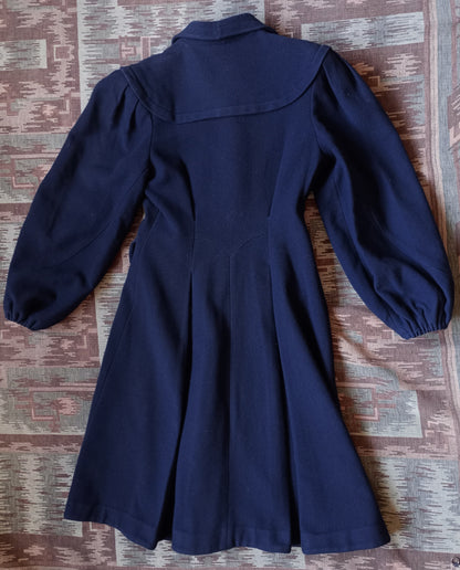 RARE 1940s II0II Dark Blue Wool Coat Balloon Sleeve UK S/M