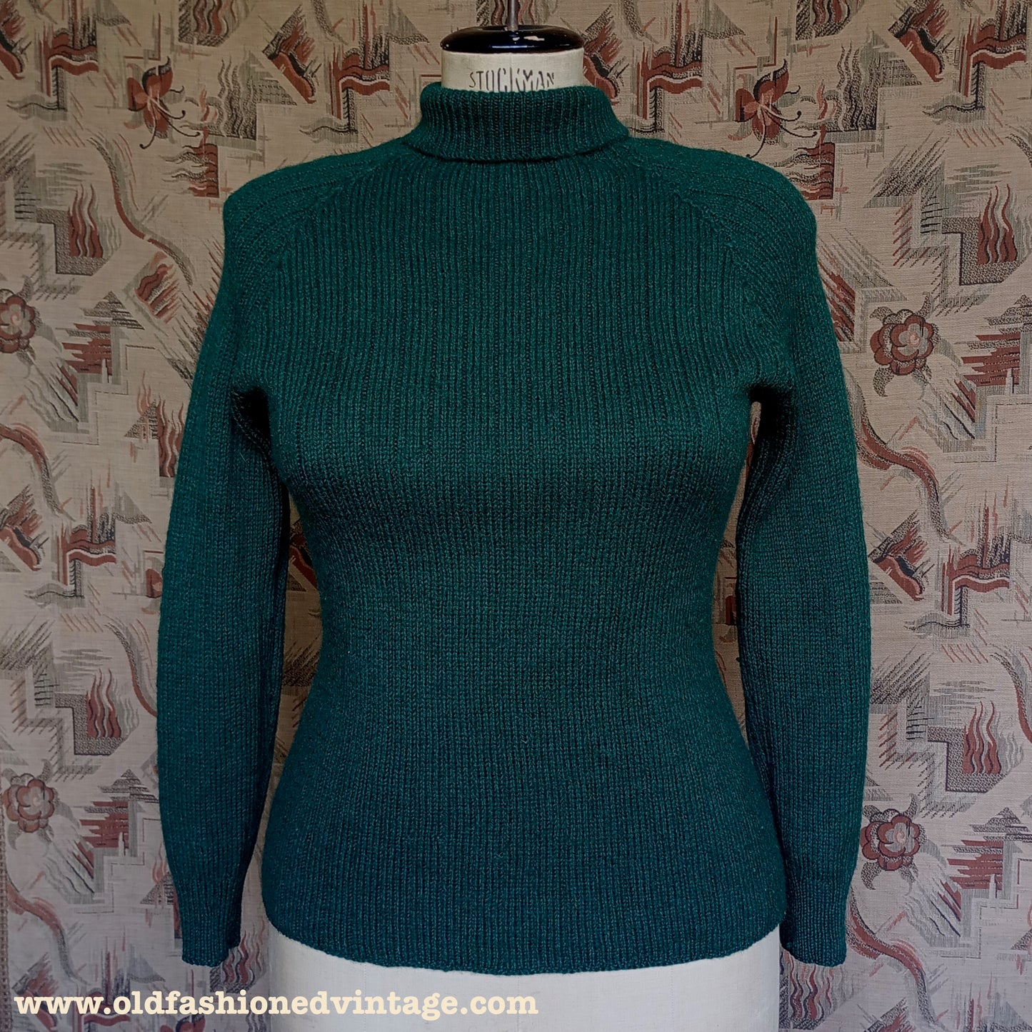 Vintage Hand Knitted Jumper Bottle Green Roll Neck Wool Sweater UK L/XL