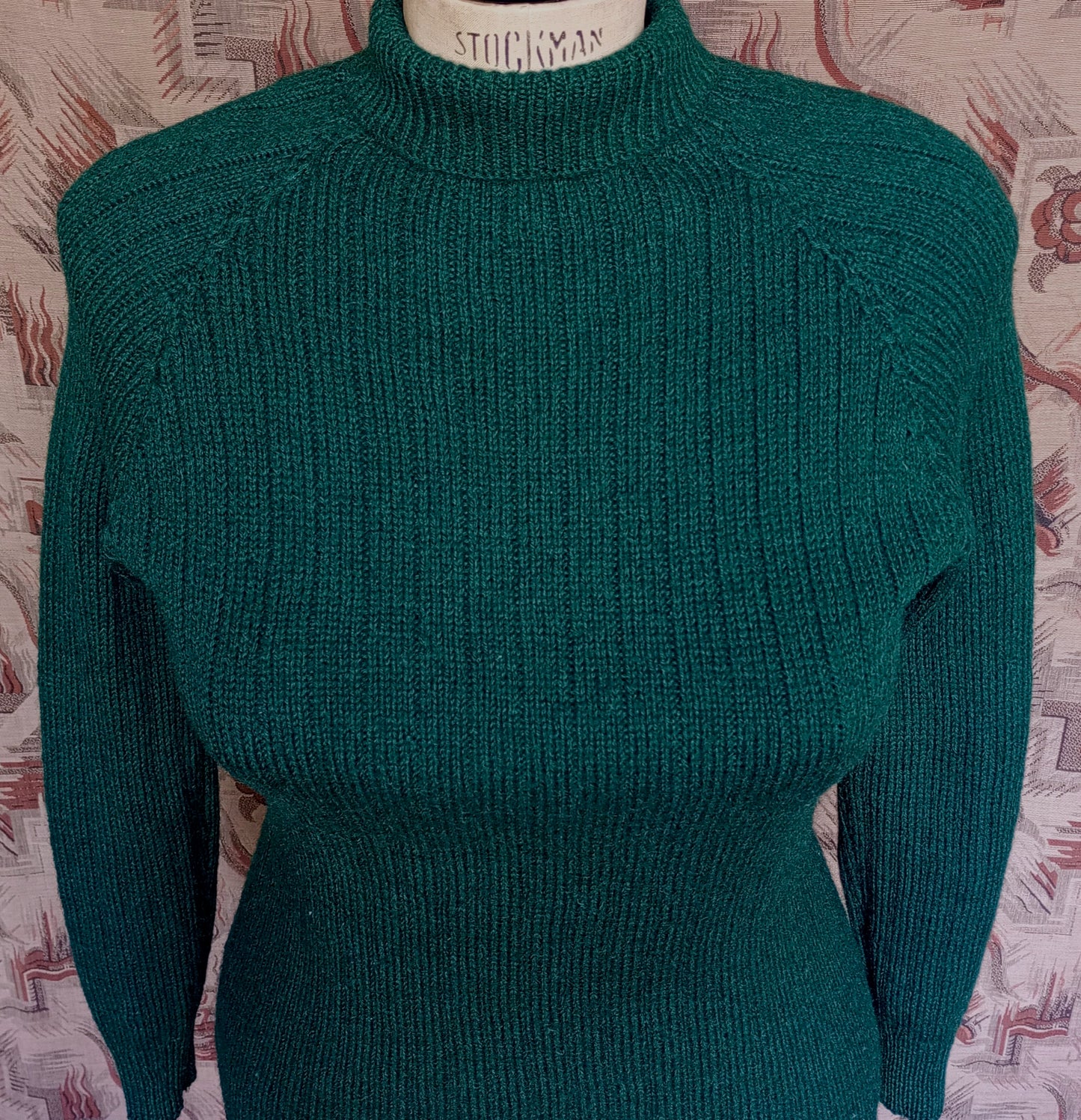 Vintage Hand Knitted Jumper Bottle Green Roll Neck Wool Sweater UK L/XL