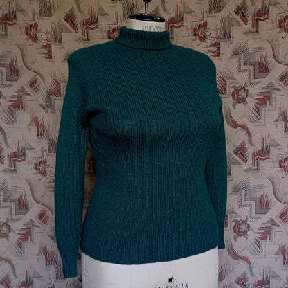 Vintage Hand Knitted Jumper Bottle Green Roll Neck Wool Sweater UK L/XL