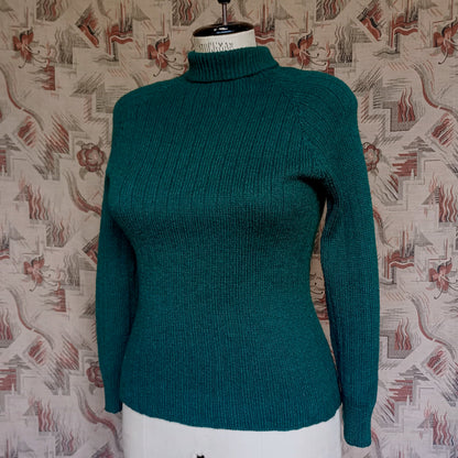 Vintage Hand Knitted Jumper Bottle Green Roll Neck Wool Sweater UK L/XL