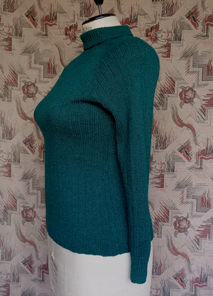 Vintage Hand Knitted Jumper Bottle Green Roll Neck Wool Sweater UK L/XL