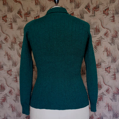 Vintage Hand Knitted Jumper Bottle Green Roll Neck Wool Sweater UK L/XL