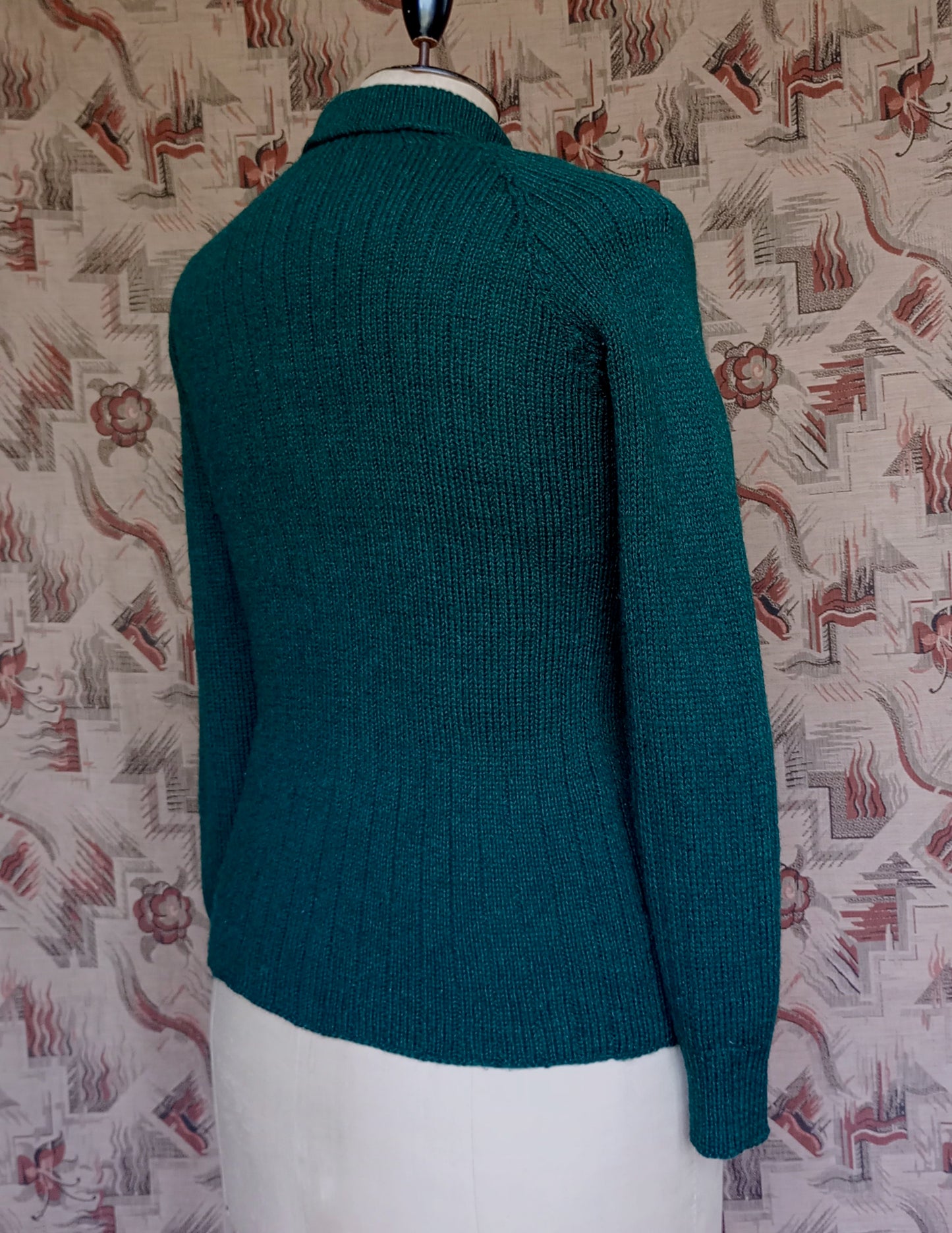 Vintage Hand Knitted Jumper Bottle Green Roll Neck Wool Sweater UK L/XL