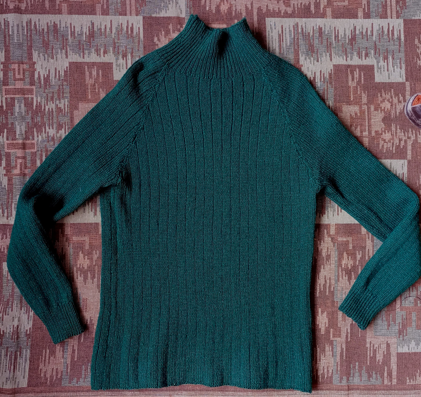 Vintage Hand Knitted Jumper Bottle Green Roll Neck Wool Sweater UK L/XL