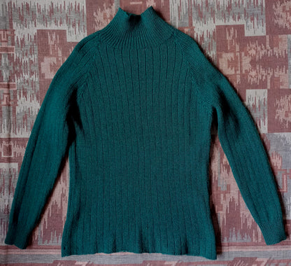 Vintage Hand Knitted Jumper Bottle Green Roll Neck Wool Sweater UK L/XL