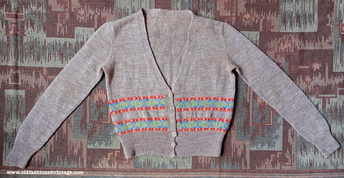 Original Vintage 1940s Hand Knitted Cardigan Beige Oatmeal Fair Isle UK S