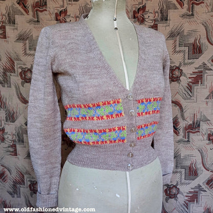 Original Vintage 1940s Hand Knitted Cardigan Beige Oatmeal Fair Isle UK S