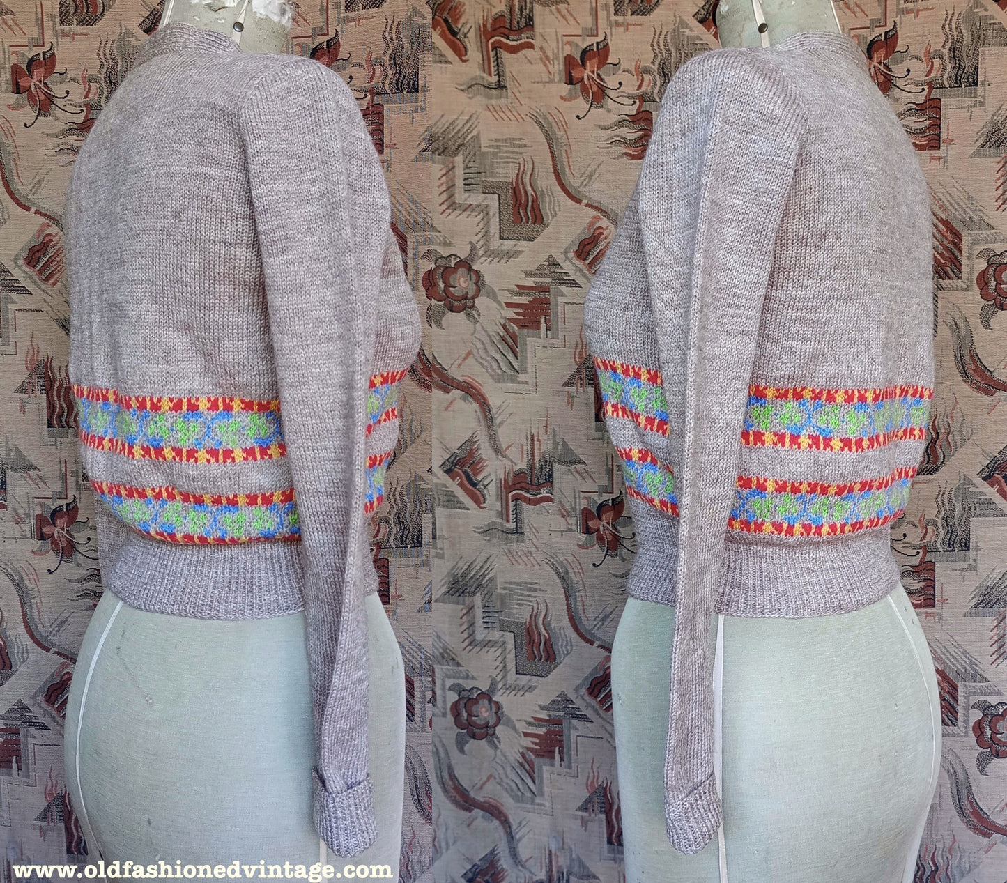 Original Vintage 1940s Hand Knitted Cardigan Beige Oatmeal Fair Isle UK S