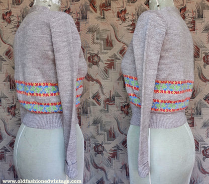 Original Vintage 1940s Hand Knitted Cardigan Beige Oatmeal Fair Isle UK S