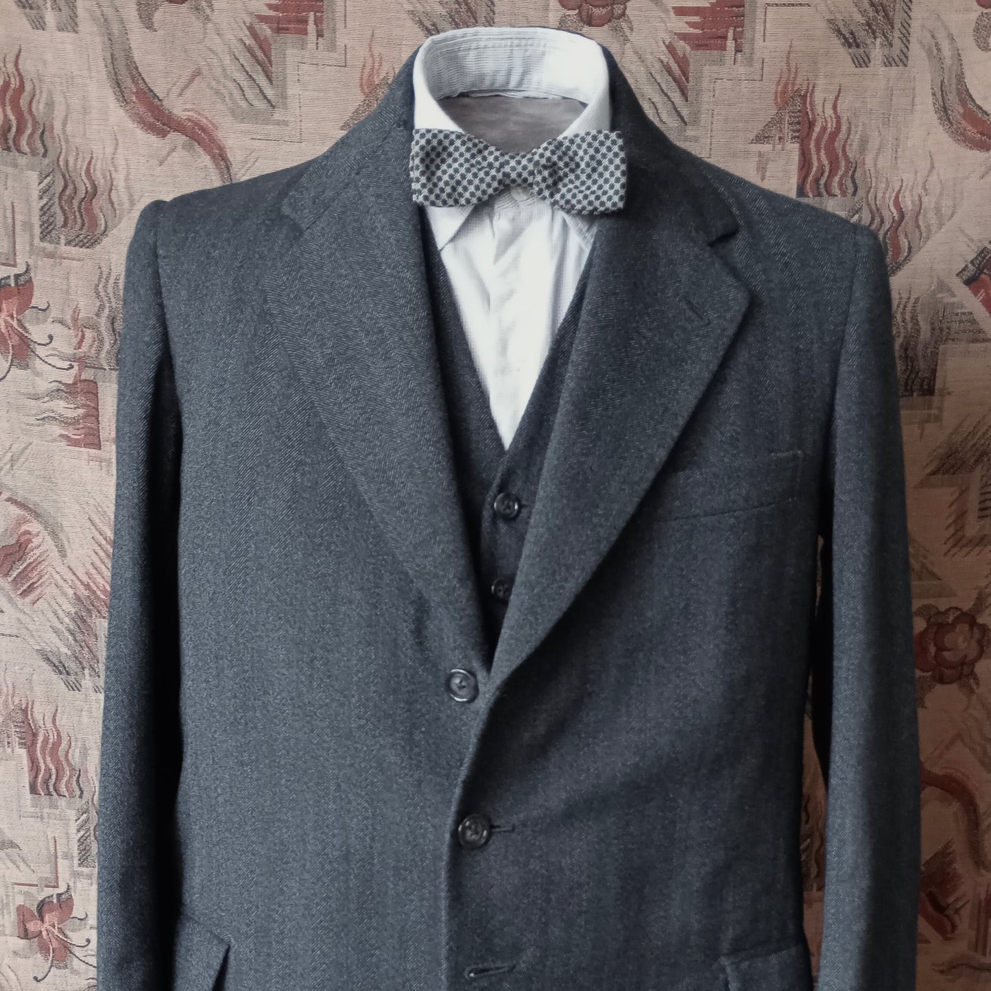 Vintage 1950s Mens Bespoke 3 Piece Suit Charcoal Grey Herringbone Wool 38"