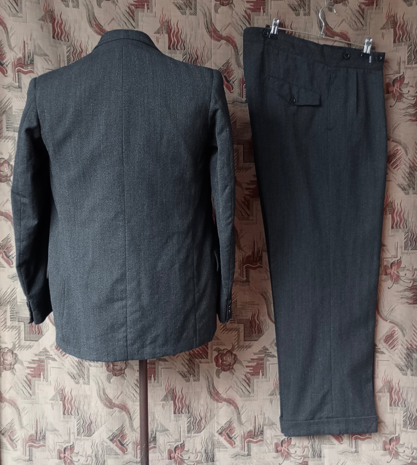 Vintage 1950s Mens Bespoke 3 Piece Suit Charcoal Grey Herringbone Wool 38"