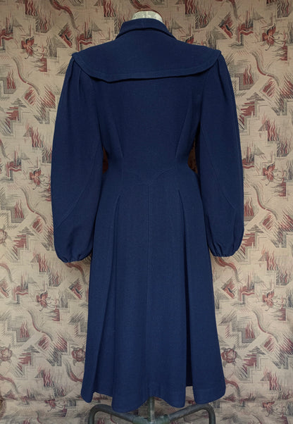 RARE 1940s II0II Dark Blue Wool Coat Balloon Sleeve UK S/M